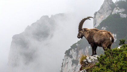 Bison standing in dense foggy forest clearing.