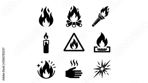 Canvas Print Various fire icons including flames and burning objects are shown