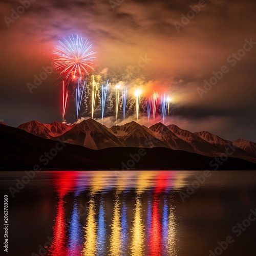 Vibrant Colorful Fireworks Display Over Mountain Lake at Night.