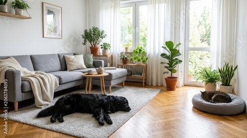 Bright living room with pets resting on floor.
