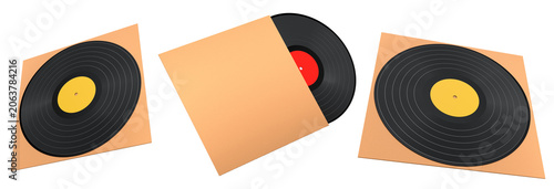 Set of brightly colored vinyl records in matching sleeves, minimal style isolated on white background. Concept of retro music