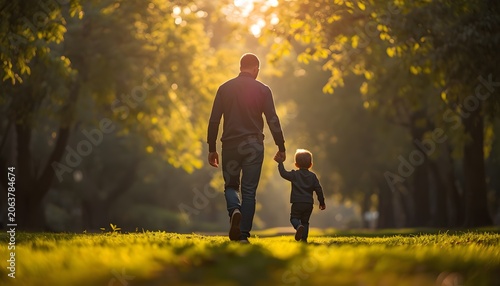 father and son walking in autumn park