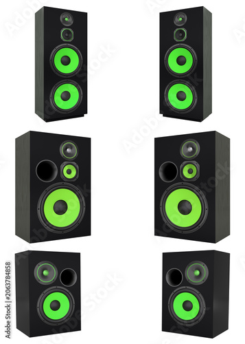Set of stylish wooden speakers isolated on white background, concept of home audio and music equipment