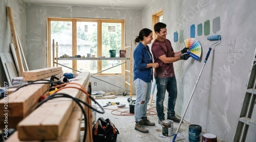 Couple choosing paint colors for home renovation project.