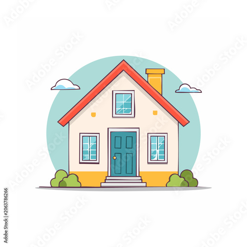 Flat design house with windows and lawn