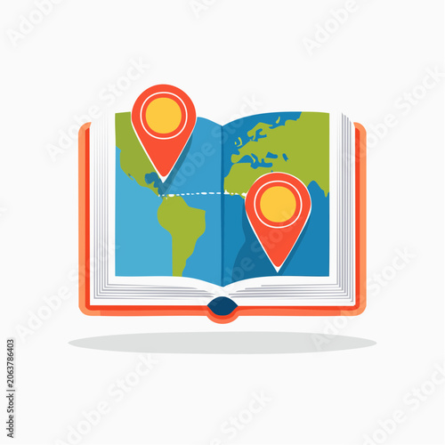 Open Book with World Map and Location Pins