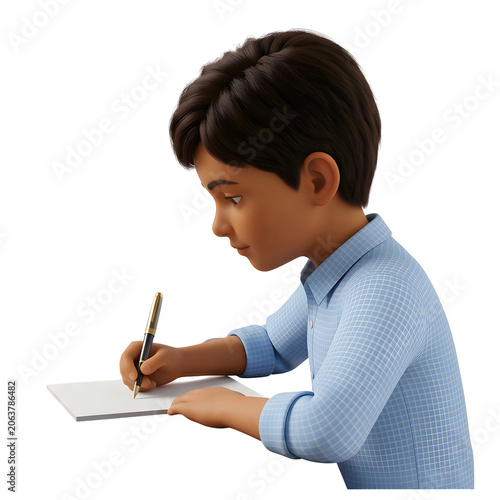 Boy writing with pen on paper, 3D render