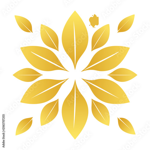 Golden flower with petals and leaves on white background