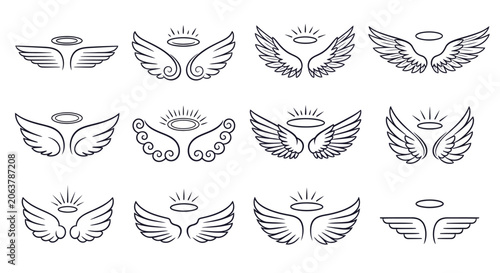 Schilderij op canvas Angel wings and halos icon set, spiritual symbols, religious illustrations