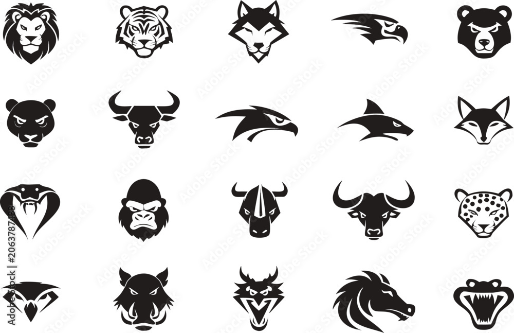 Fototapeta premium Set of wild animal head icons and mascot logos isolated on transparent background, Vector