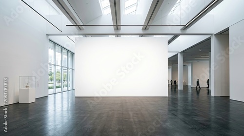 Empty minimalist white art gallery interior space.