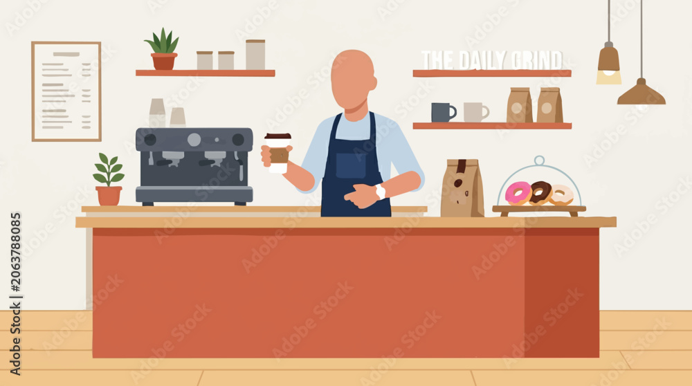 Fototapeta premium Barista serving hot coffee at a modern cafe counter illustration