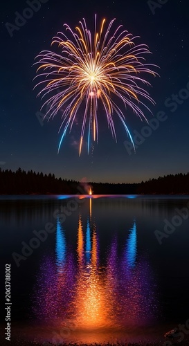 Vibrant Colorful Fireworks Display Reflecting Over Calm Lake Water at Night.