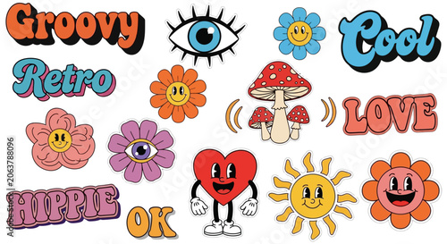 Retro colorful hippie stickers, groovy love symbols, funky cartoon characters, psychedelic background