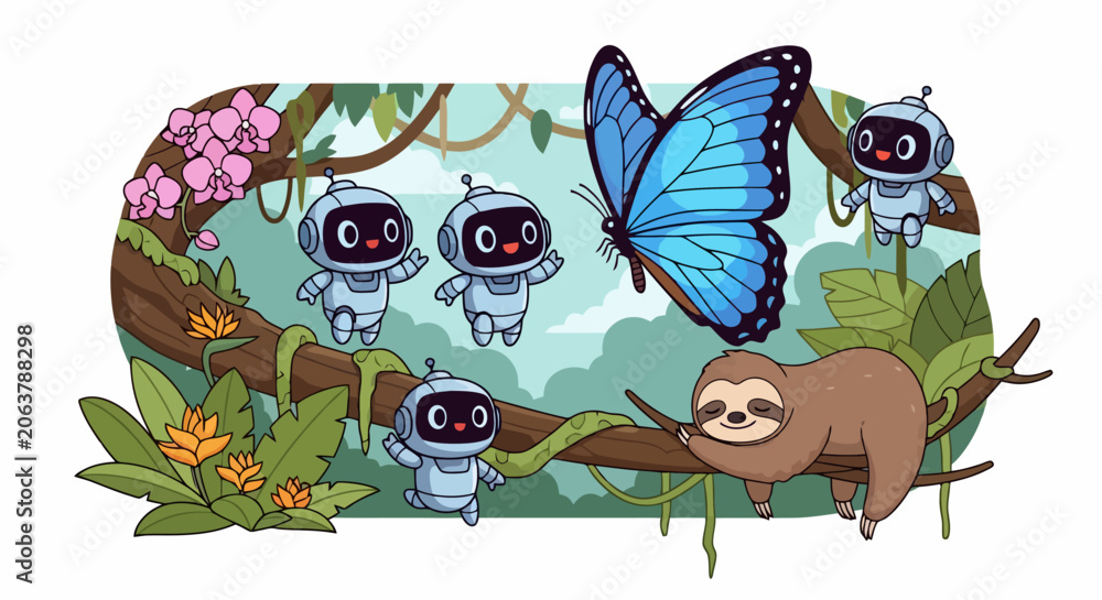 Obraz premium Cute robots and a blue butterfly in a jungle setting with a sloth.