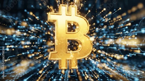 Golden Bitcoin Symbol Transforming Amidst Dynamic Digital Background, Representing Cryptocurrency Evolution and Blockchain Technology Advancements