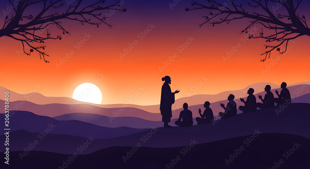 Fototapeta premium Guru purnima spiritual teacher sharing wisdom with students at sunset