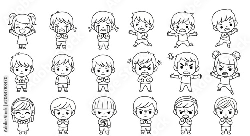 Quadro su tela Cute cartoon characters, various emotions and poses, illustration set, white bac