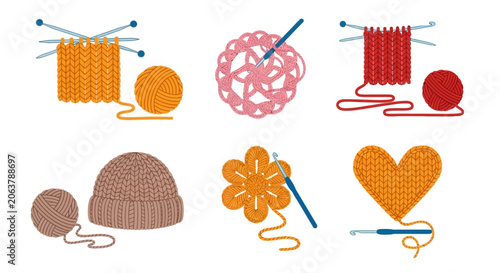 Knitting icons, yarn balls and needles, crochet symbols, heart, hat, flower, craft concept, background