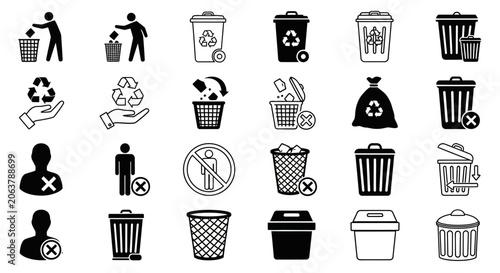 Trash can icons, waste management symbols, recycling signs, vector graphics