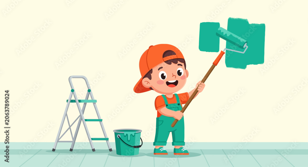 Fototapeta premium Cartoon boy painting wall with green paint, home renovation concept