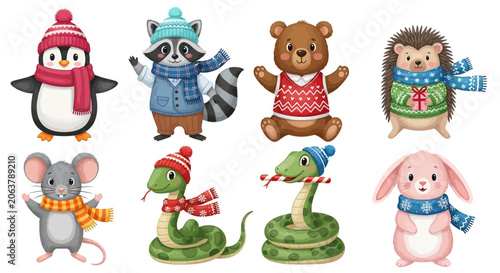 cute cartoon animals in winter clothes, holiday greeting card concept