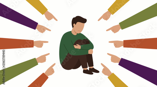 Tableau sur toile Sad man surrounded by pointing fingers symbolizing blame and social pressure