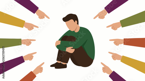 Photos Victim of social shaming and blame, multiple hands pointing at sad person