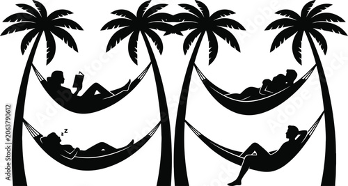 Tableau sur toile People relaxing in palm tree hammocks