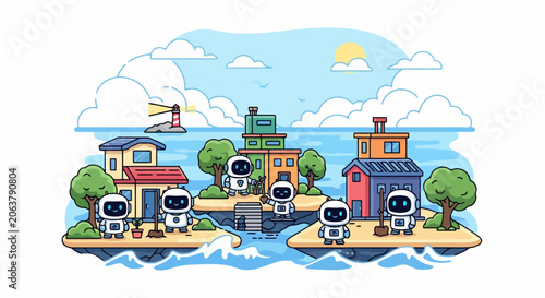 Robots living in a futuristic island city with modern buildings and trees.