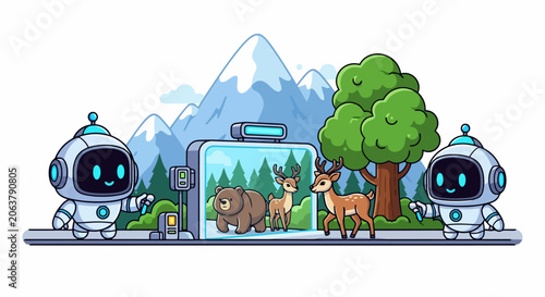 Robots Showcase Wildlife Ecosystem Inside Transparent Display.