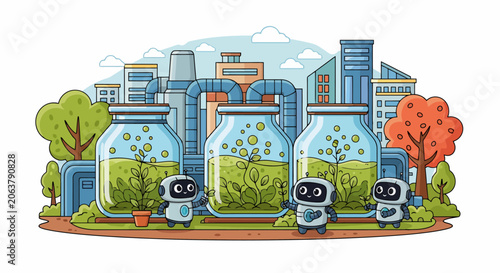 Robots tending to plants in jars with city background.