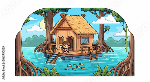 Small Wooden Hut on Stilts in a Tropical Mangrove Forest.