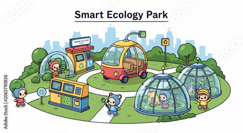 Smart Ecology Park with Futuristic Transportation and Domes.