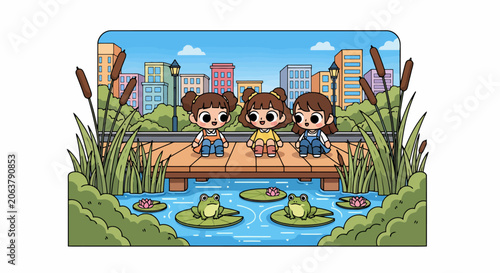 Three Cute Cartoon Girls Sitting on a Wooden Pier by a Pond with Frogs.