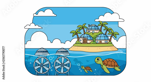 Tropical island with sea turtles and underwater turbines.