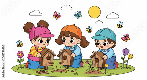 Three young children building birdhouses outdoors in a garden setting.