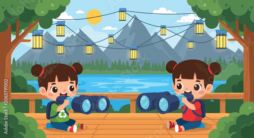 Two young girls looking through binoculars outdoors.