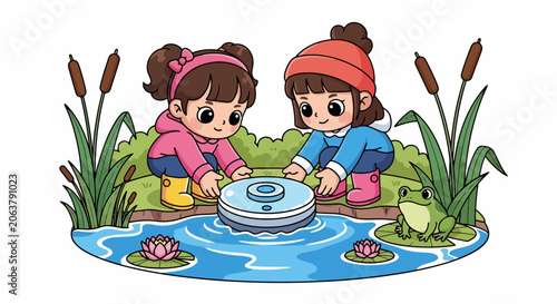 Two young girls exploring a pond with a toy boat.