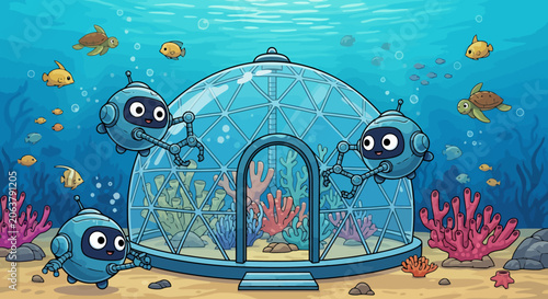 Underwater dome research station with friendly robots and fish.