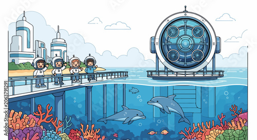 Underwater observation deck with dolphins and coral reef.