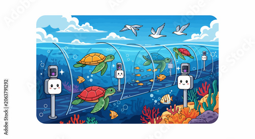 Underwater scene with turtles and marine life in a clear tunnel.