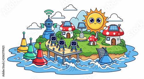 Whimsical Island with Robots and Mushroom Houses.