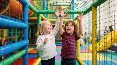 Happy children playing in colorful indoor soft playground.