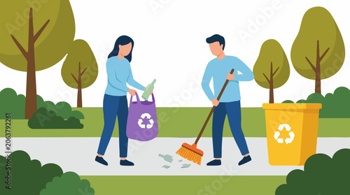 Bild auf Leinwand Environmental cleanup: Volunteers collecting broken glass and recycling bottles