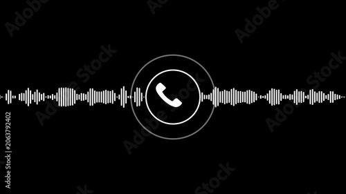 Telephone call icon with audio sound waveform looping motion graphic, white voice receiver frequency spectrum line, podcast call sign on black background 4k video loop.