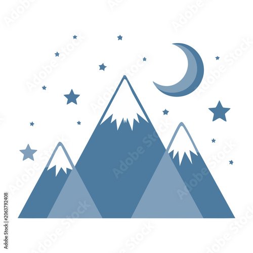 Flat design mountain range with crescent moon and stars
