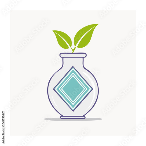 Flat design vase with green leaves and geometric pattern