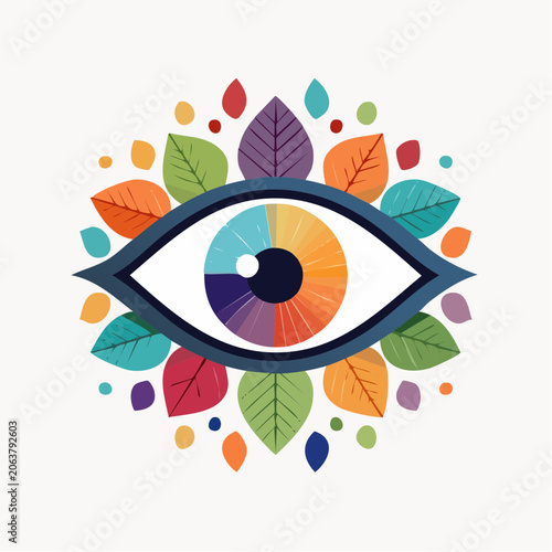 Stylized Eye with Colorful Leaves and Dots