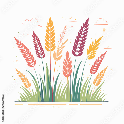 Stylized illustration of colorful wheat stalks and grass
